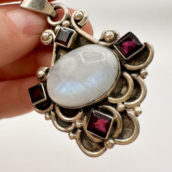 Sterling Silver Moonstone Garnet Pendant Vtg Boho Hippie 90s Multi Gemstone - Picture 4 of 13